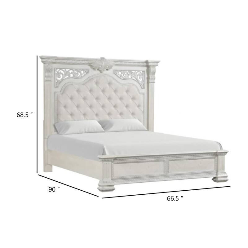 Miamy Queen Bed, Creamy White Wood, Panel Design, Silver Brushed Accents