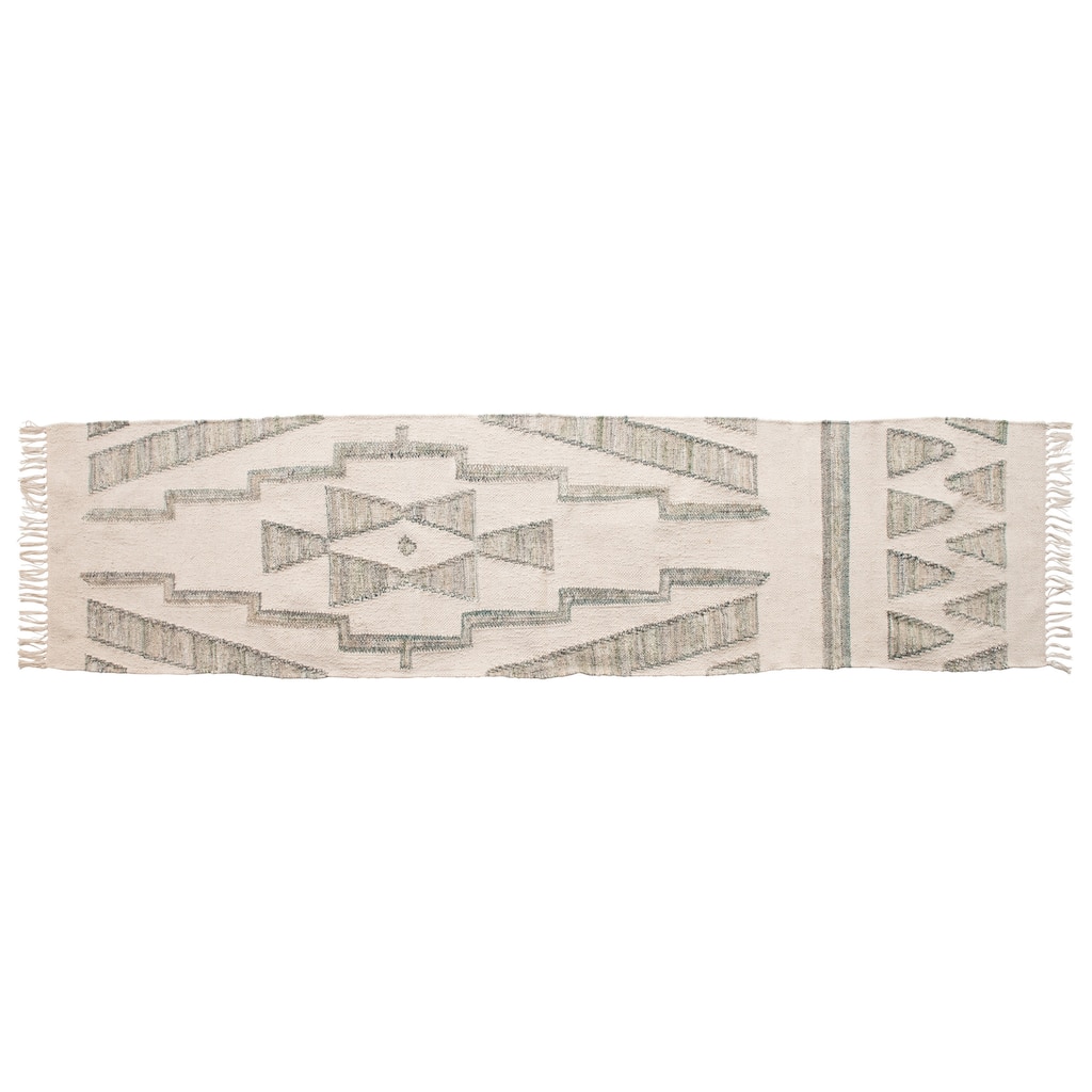 Hand-Woven Cotton & Wool Kilim Floor Runner, Variegated Green & Cream Color - 2' x 8'