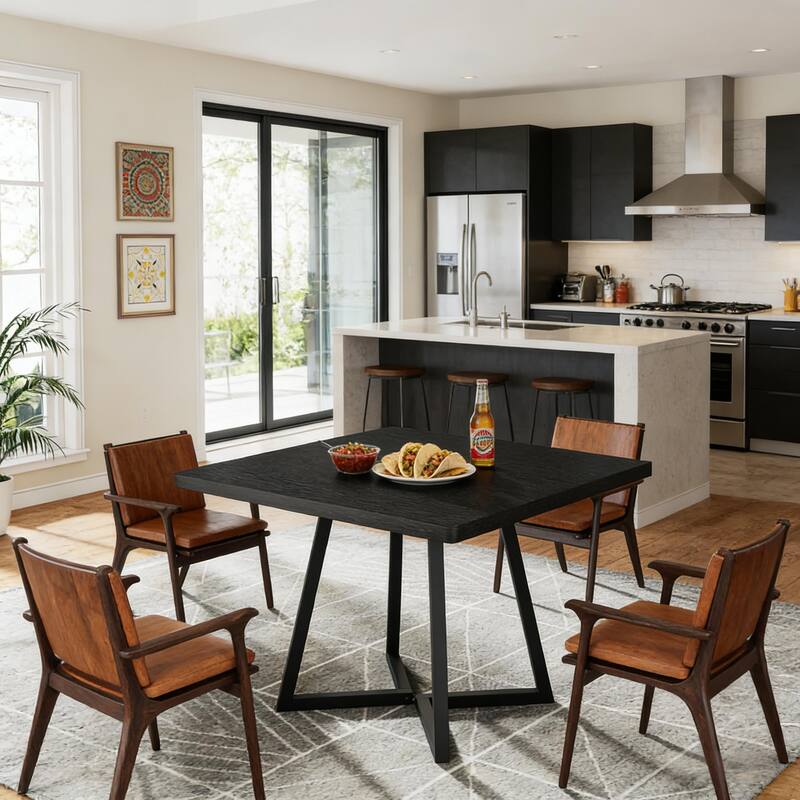 Modern Dining Table Coffee Table with X-Cross Base, Rustic Wood Kitchen Table with Metal Frame