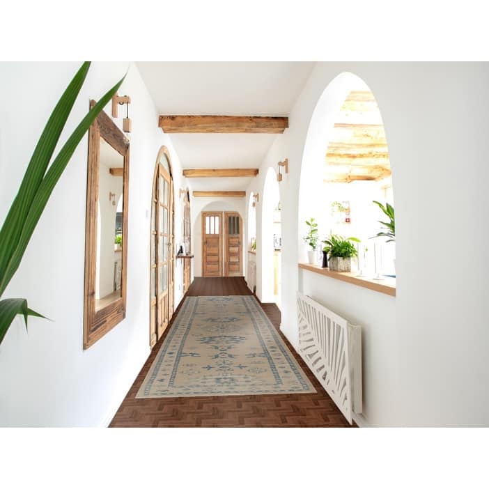 Hand Knotted Oriental 100% Wool Carpet Transitional Geometric Beige & Ivories Oushak Runner Rug - 14' 2'' X 3' 4''