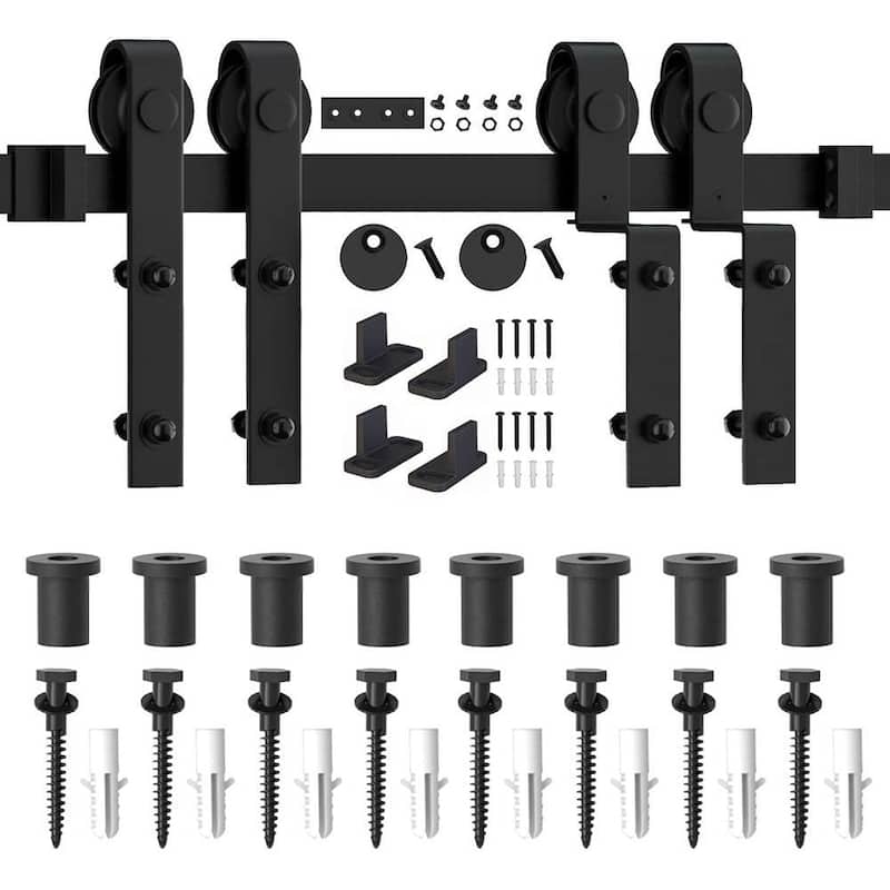 WINSOON 4-18FT Single Track Bypass Sliding Barn Door Hardware Kit for Double Doors J Style Rollers