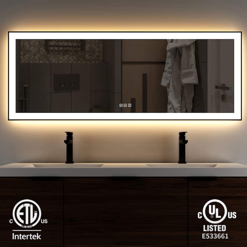 TOOLKISS Black Frame Anti-Fog Dimmable LED Light Vanity Bathroom Mirror with Backlit and Front Light