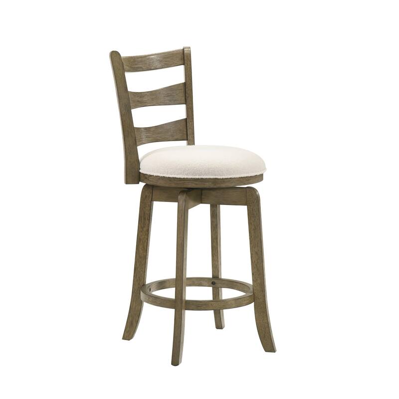 Melindra White Boucle Swivel Bar Stool, Upholstered Counter Stool with Solid Wood Legs