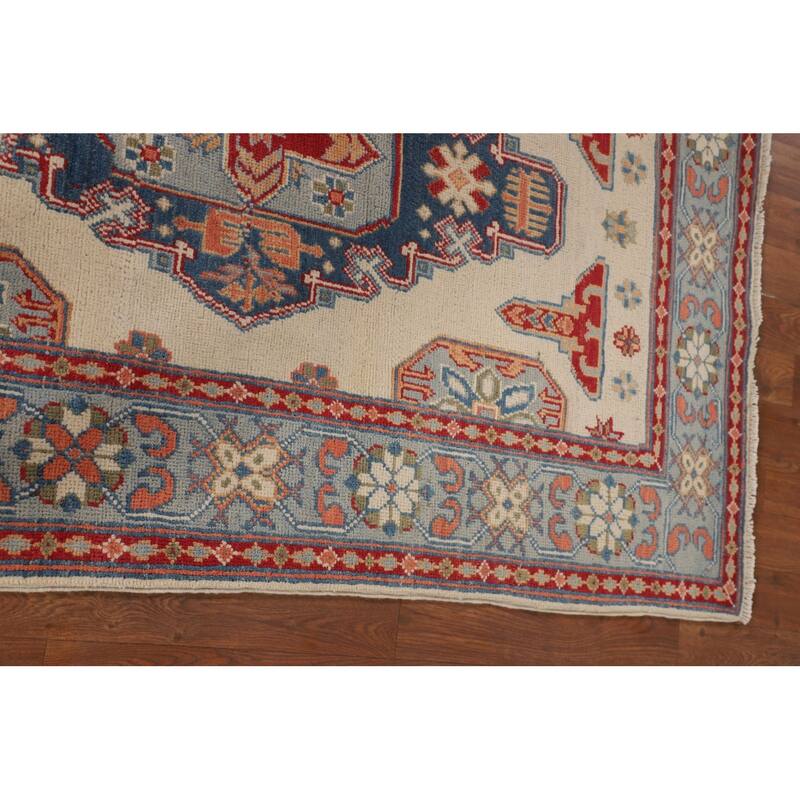 Ivory Geometric Kazak Foyer Rug Handmade Wool Carpet - 3'6" x 5'3"