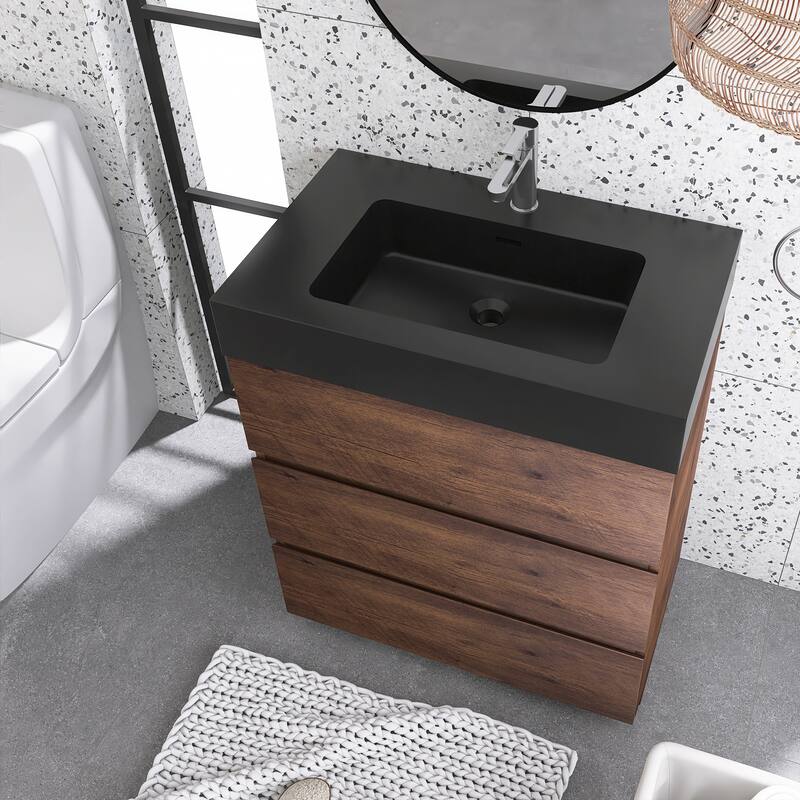 Freestanding Bathroom Vanity with Black Solid Surface Top