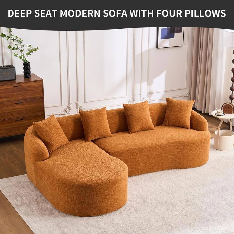 Modern Plush Gray Chenille L-Shaped Sectional Sofa with Curved Chaise - Orange