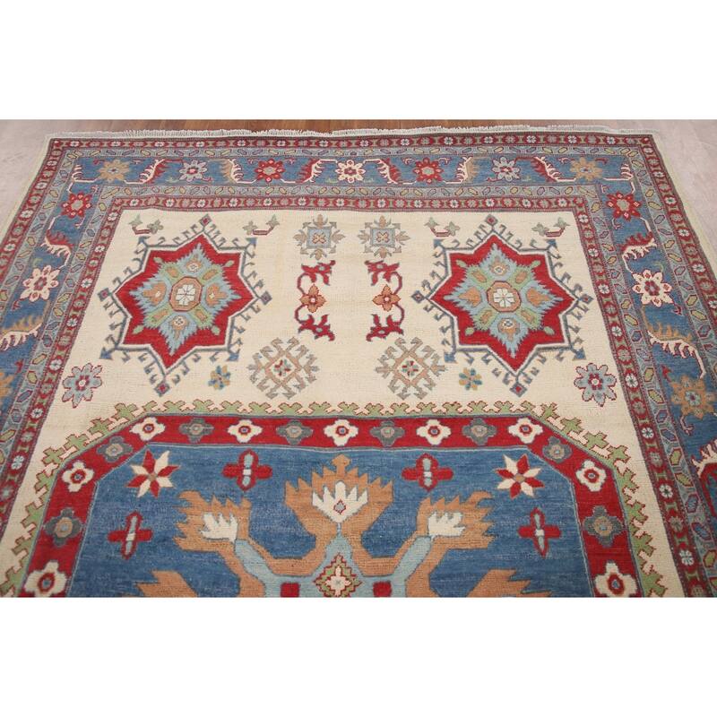 Hand Knotted Oriental 100% Wool Carpet Traditional Geometric Beige & Ivories Kazak Area Rug - 9' 11'' X 6' 8''