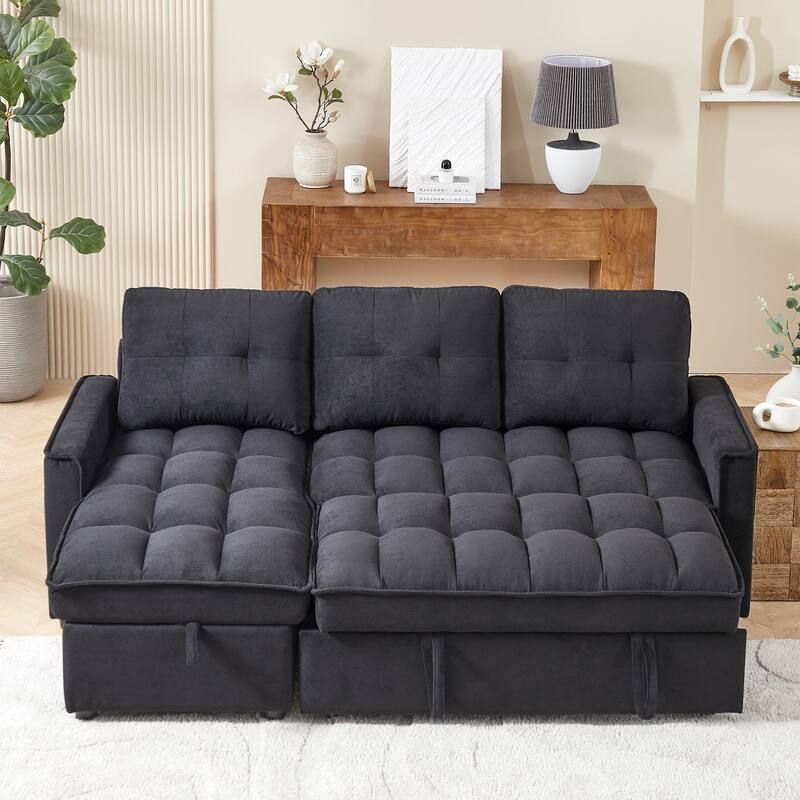 78.75" Chenille Pull-Out L-Shaped Sofa Bed with Charging Ports