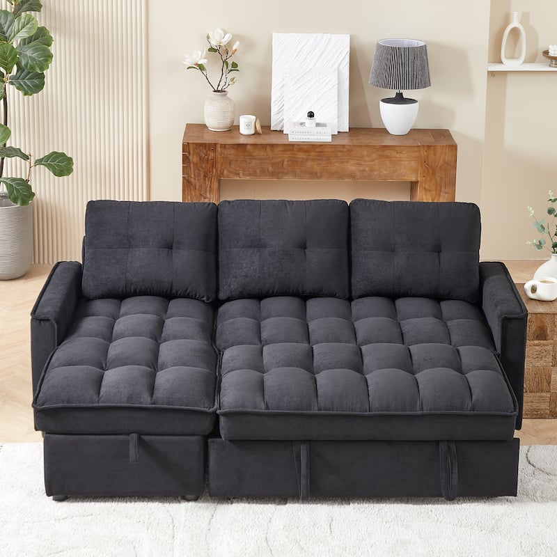Futon Daybed Pull-Out Sofa Bed with USB and Tape-c, L-Shaped Sectional Sofa with Storage Chaise Lounge and Side Pocket