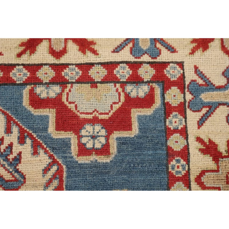 Blue Geometric Kazak Oriental Area Rug Bedroom Handmade Wool Carpet - 4'10" x 6'11"