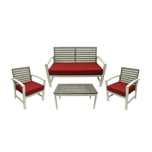 Shop 4 Piece Gray And White Acacia Wood Outdoor Patio Table And Chair Furniture Set Red Cushions Overstock 14471598