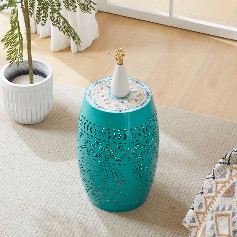 18.25" Modern Round Side Table with Boho Pattern Ceramic Tile Top and Unique Color Iron Frame