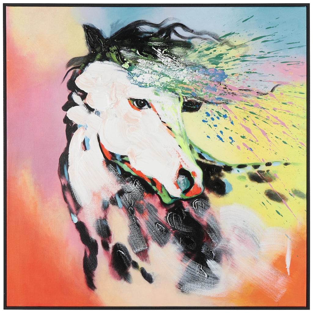 Canvas Horse Abstract Paint Splatter Living Room Framed Wall Art with Black Frame - Multi Colored - Roche River Decor