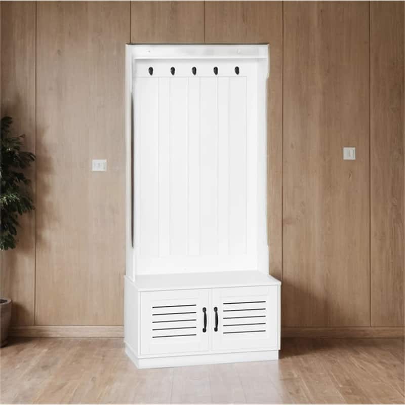 Modern Wood Coat Rack with Shoe Bench,5 Hooks,Shelf and Slatted Door