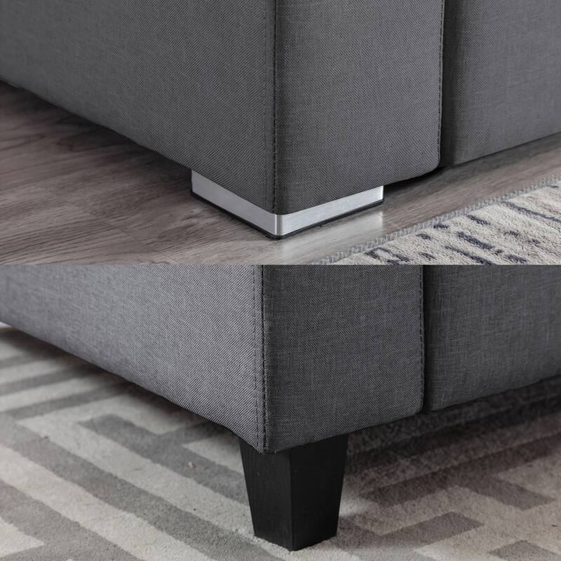 Linen Fabric 6 Piece Reversible Sectional Sofa Chaise with Interchangeable Legs, Pillows and Storage Ottoman in Grey