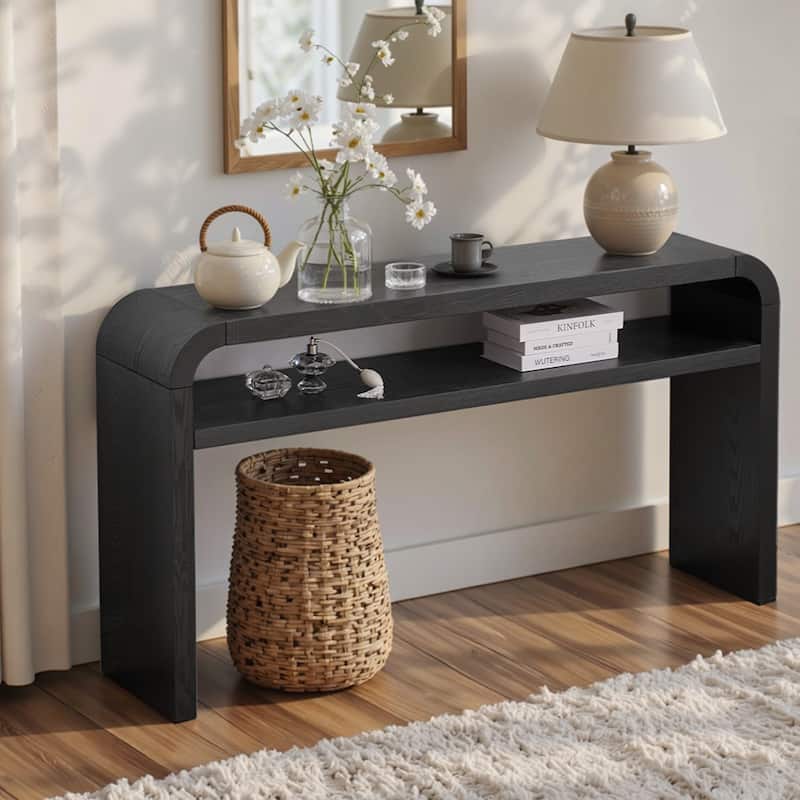 59.4" 2-Tier Curved Long Console Table with Solid Wood Veneer - 59.45"L x 13.78"W x 32.87"H