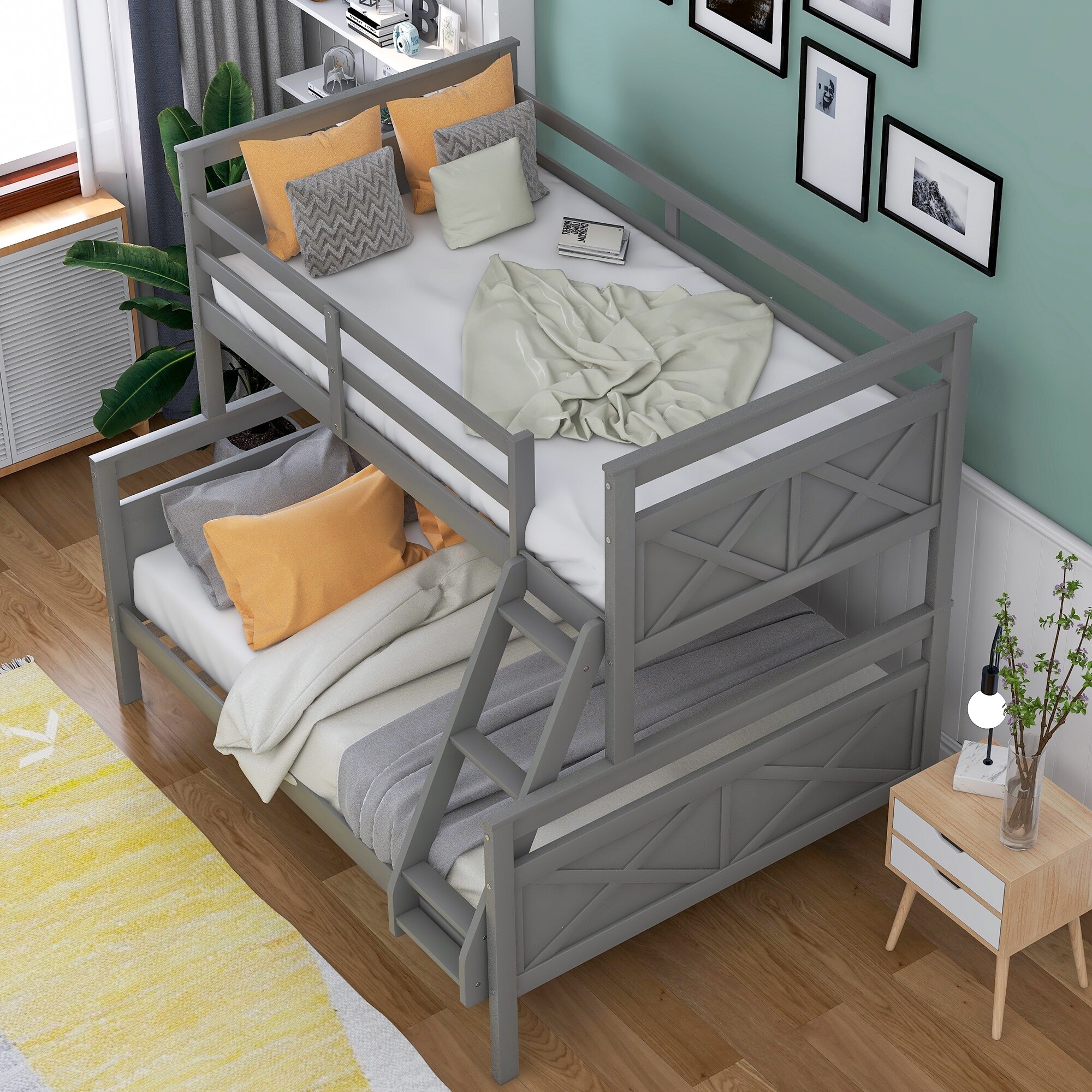 Gray Twin over Full Bunk Bed with X-Shaped Pattern Headboard