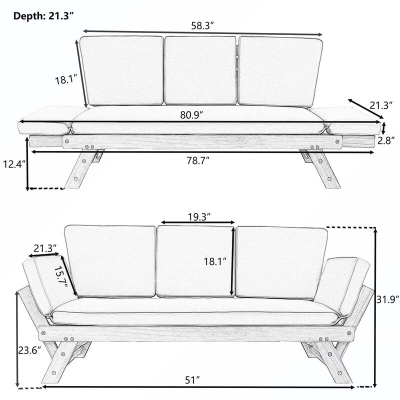 Patio Adjustable Patio Wooden Daybed Sofa