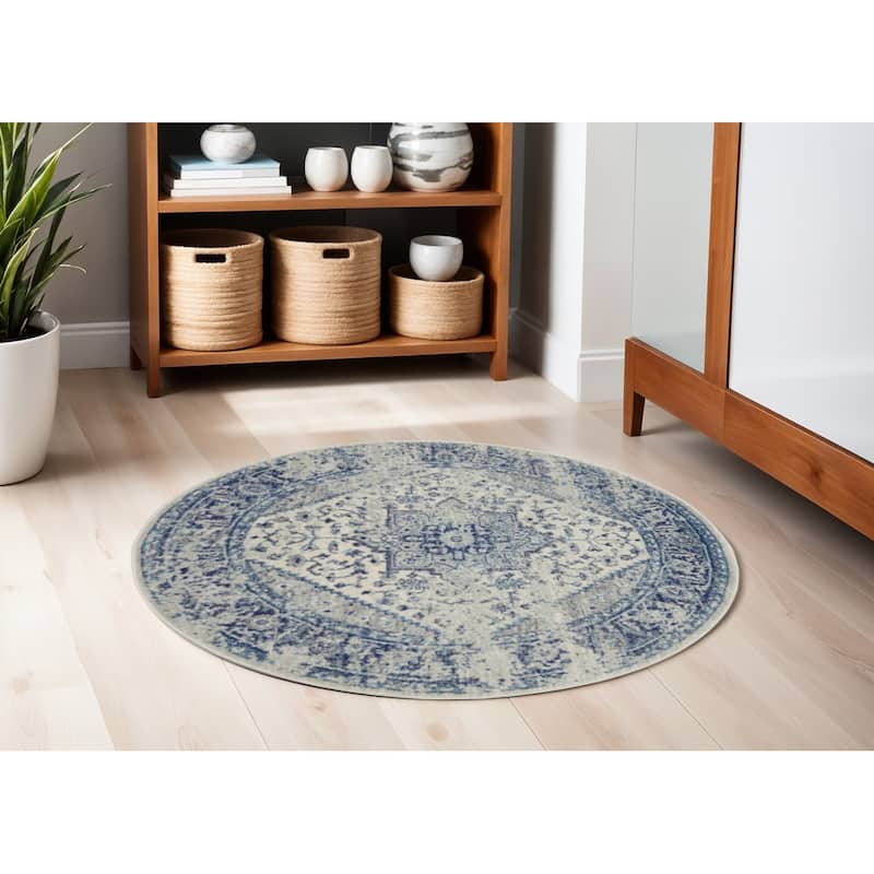 HomeRootsFloral Medallion Transitional Round Area Rug - 63' X '63' X '0.5 - 63' X '63' X '0.5 - Light Blue/Ivory