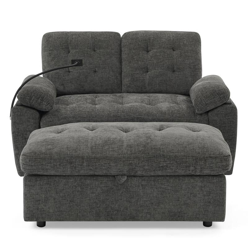 Double Recliner Chair with Adjustable Backrest, Storage Ottoman, USB Port & Phone Stand