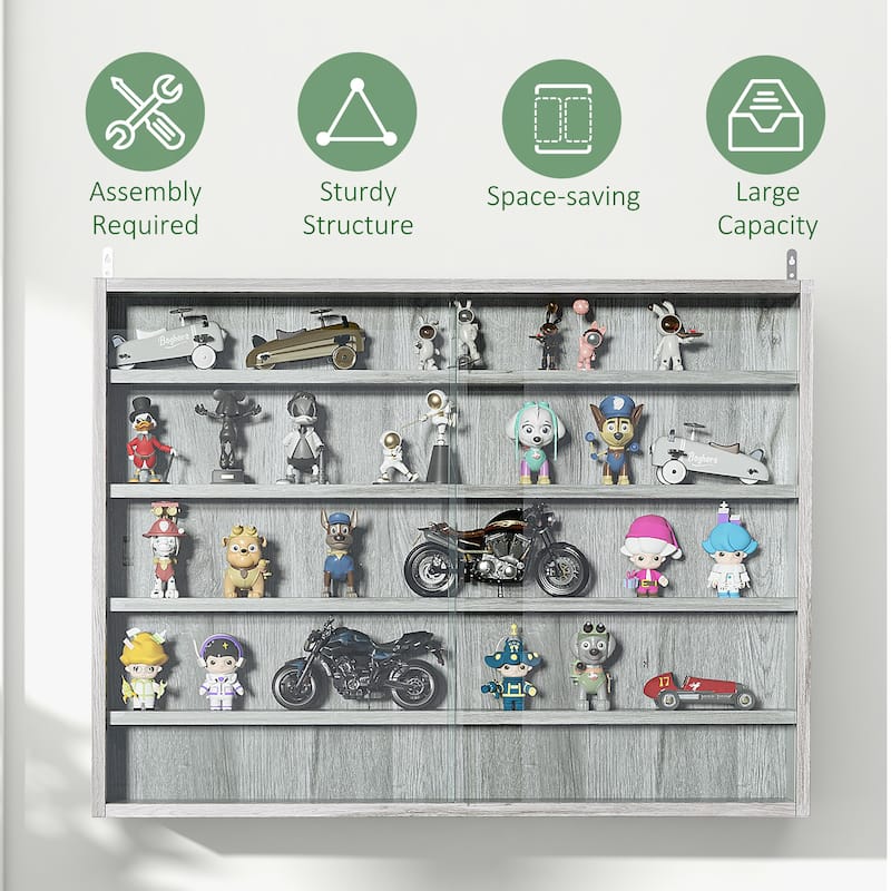 5-Tier Wall-Mounted Glass Display Case with Adjustable Shelves