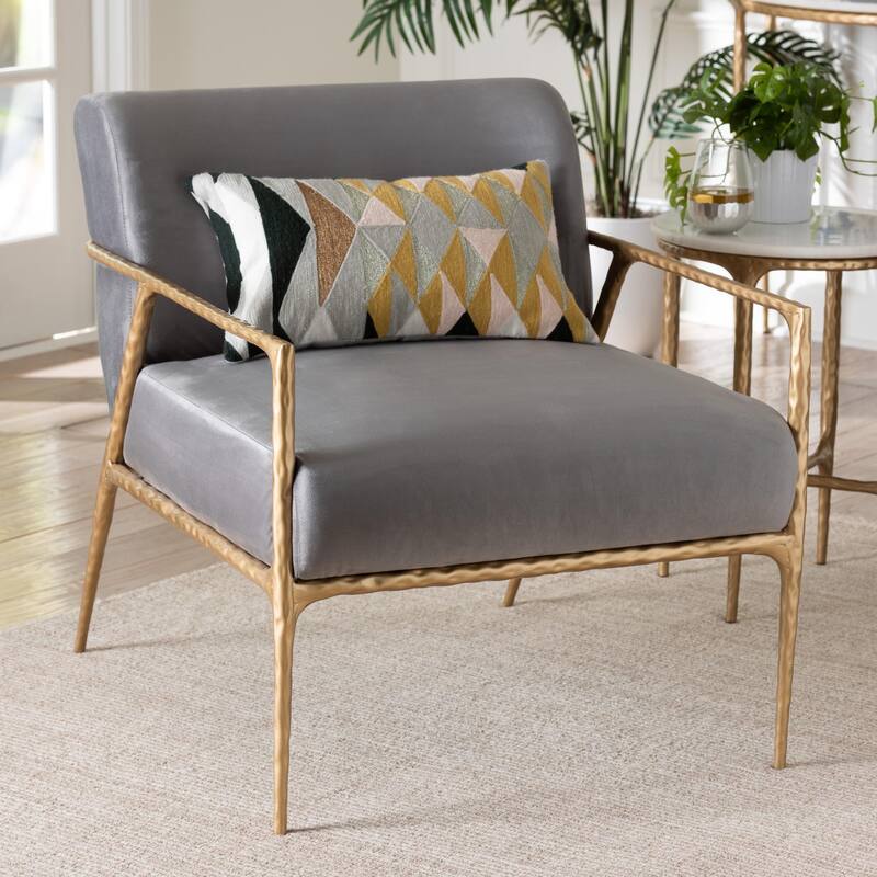 Ilmari Velvet Lounge Chair with Track Arms - Modern Rustic Armchair with Hand-Forged Metal Frame for Living Room or Lounge