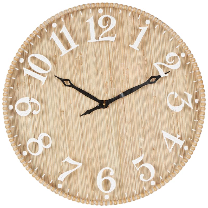 Wood Distressed Decorative Wall Clock with Black or White Beaded Wood Frame - Light Brown - Roche River Decor - Light Brown-White