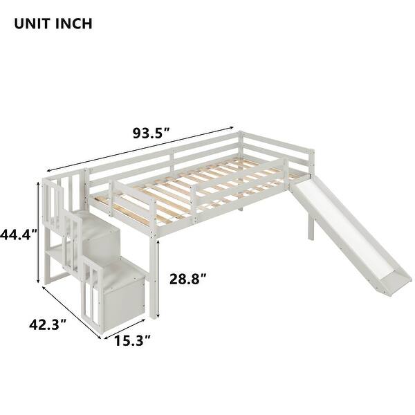 dimension image slide 1 of 2, Twin Size Pine Wood Loft Bed with Staircase, Storage, Slide, Full-length Safety Guardrails