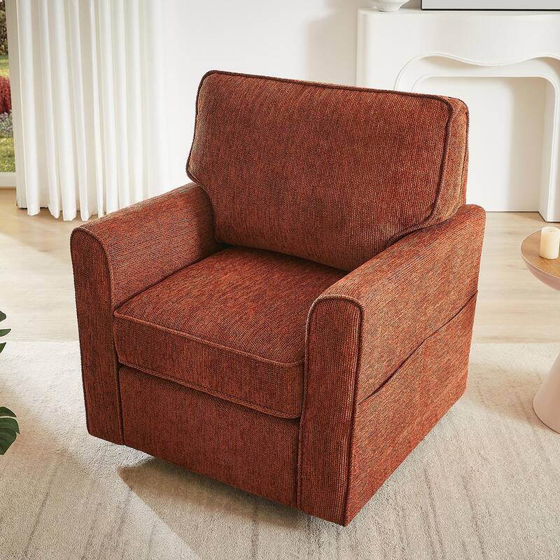 360 Degree Swivel Chair for Living Room, Swivel Accent Chair with Armrest, Chenille Sofa Chair with Side Pockets