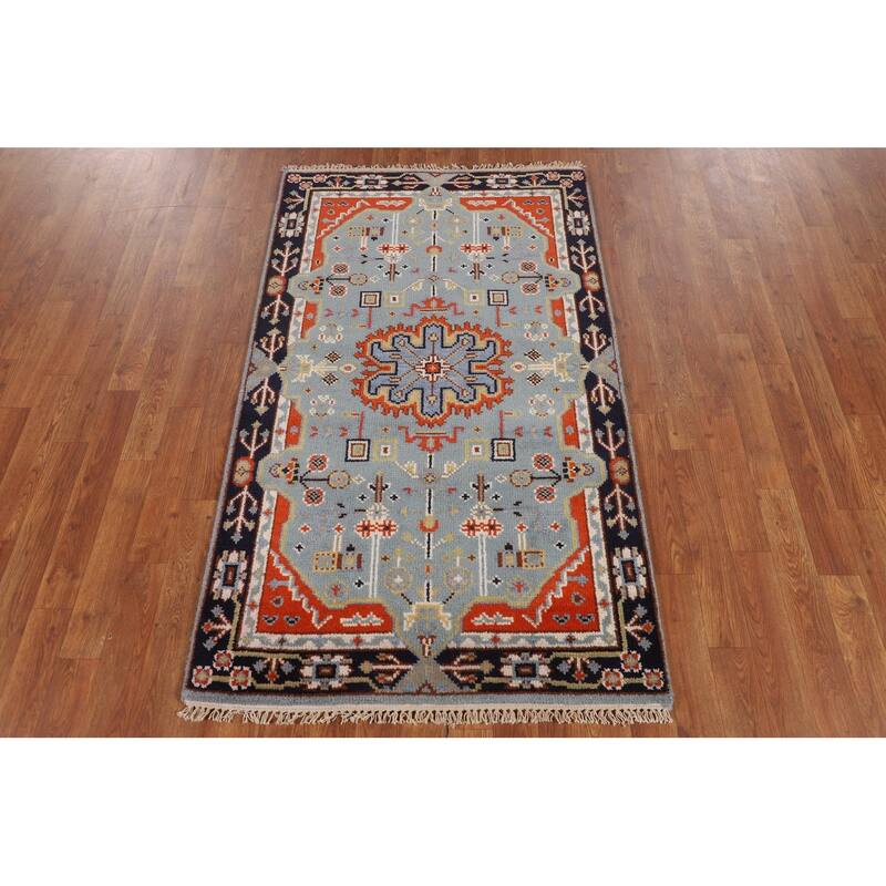 Light Blue Geometric Kazak Rug Hand-Knotted Wool Carpet - 3'0" X 5'2"