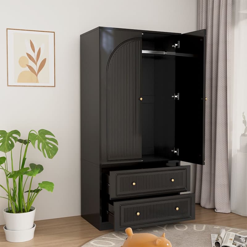 Gymojoy 71" Wardrobe Closet with 2 Doors & 2 Drawers, Modern White Wooden Armoire with Hanging Rod & Gold Handles