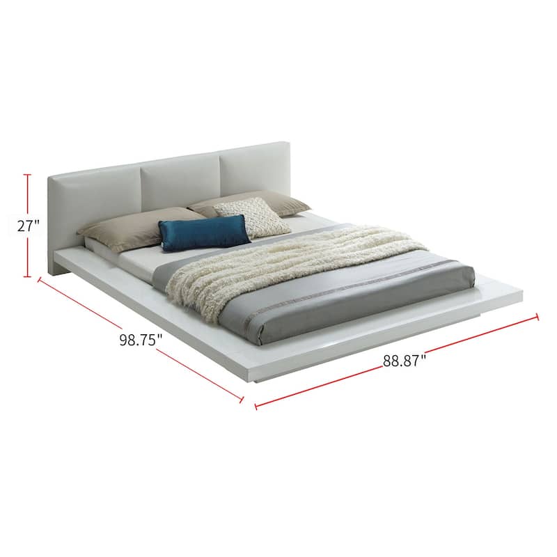Low Profile Bed with Padded Fabric Headboard Design in White