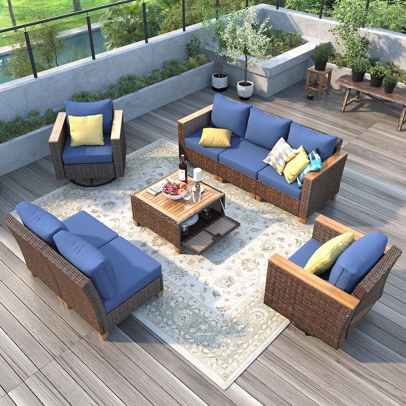 8 Piece Wicker Outdoor Patio Conversation Set with Thick Cushion and Storage Table, All Weather Rattan Swivel Chairs Set of 2
