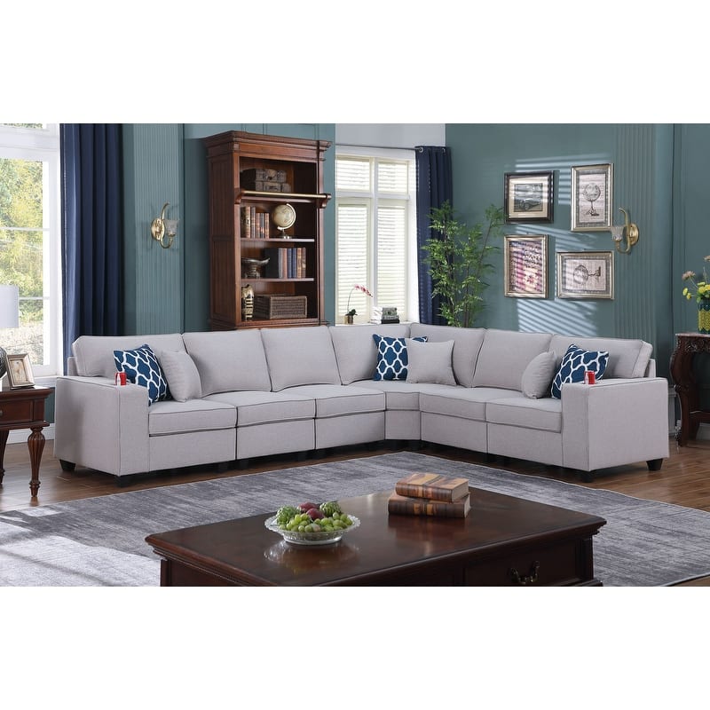 Cooper Linen 6Pc Reversible L-Shape Sectional Sofa with Cupholder