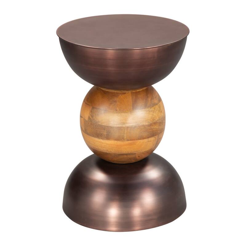 HomeRoots 20" Bronze and Brown Iron and Solid Wood Round Pedestal End Table - 14' X '20.3' X '14