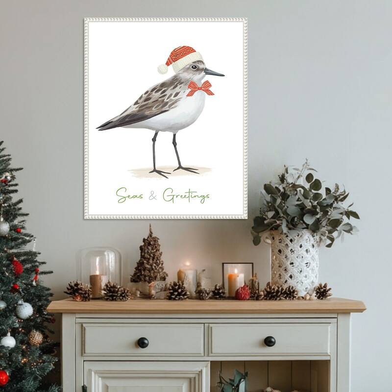 Christmas Sandpiper I by Lucca Sheppard Framed Canvas Wall Art Print - Sylvie Beaded White