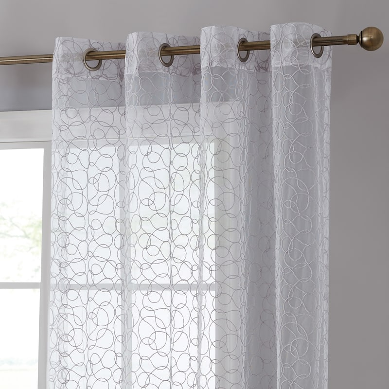 HLC.me Audrey Embroidered Premium Soft Decorative Sheer Voile Light Filtering Grommet Window Curtain Panels - Set of 2 - 54 W x 84 L per panel - Set of 2 - Silver Grey