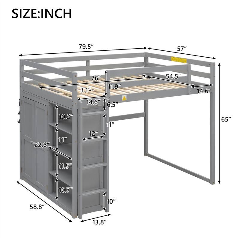 Solid Wood Loft Bed with Built-in Wardrobe and 4-Tier Storage Shelves, Full Size Loft Bedframe with LED Light and Ladder
