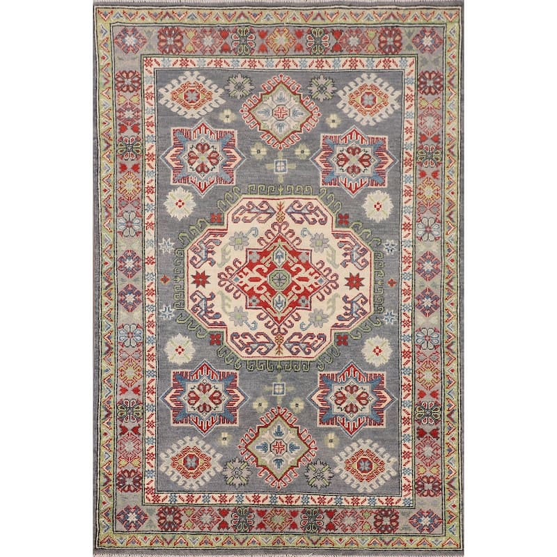 Geometric Kazak Rug Hand-Knotted Grey Oriental Wool Carpet - 4'0" x 6'0"