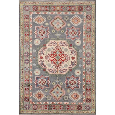 Geometric Kazak Rug Hand-Knotted Grey Oriental Wool Carpet - 4'0" x 6'0"