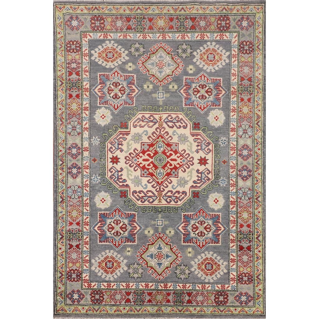 Geometric Kazak Rug Hand-Knotted Grey Oriental Wool Carpet - 4'0" x 6'0"