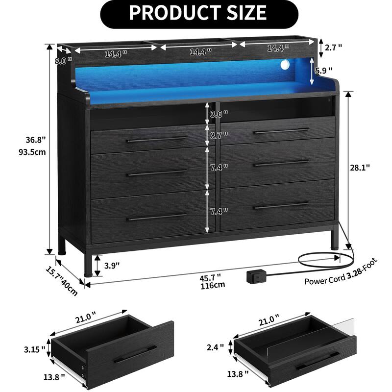 Moasis 6 Drawer Dressers & Chests of Drawers with LED Light Open Shelf Storage