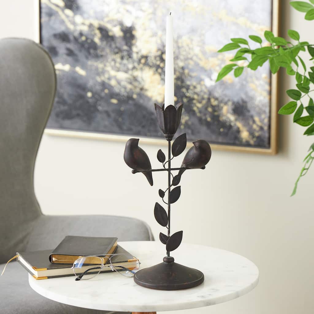 Black Polystone Perching Bird Decorative Sculpture with Leaf Vine and Copper Shading