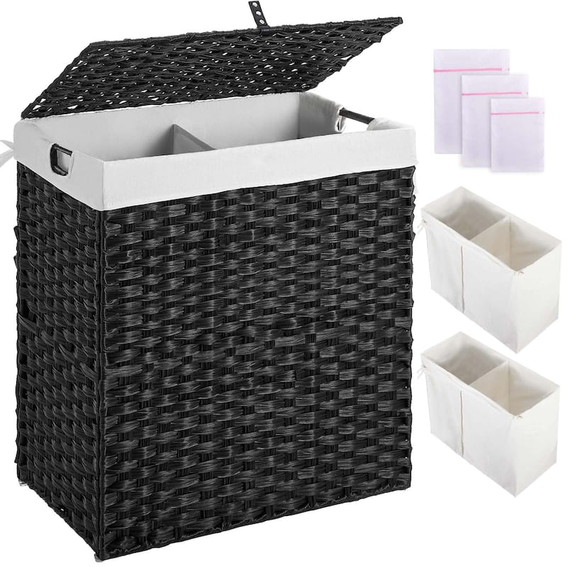 Laundry Hamper with lid,110L Wicker Laundry Baskets Foldable 2 Removable Liner Bags,2 Section Clothes Hamper Handwoven Rattan - Black