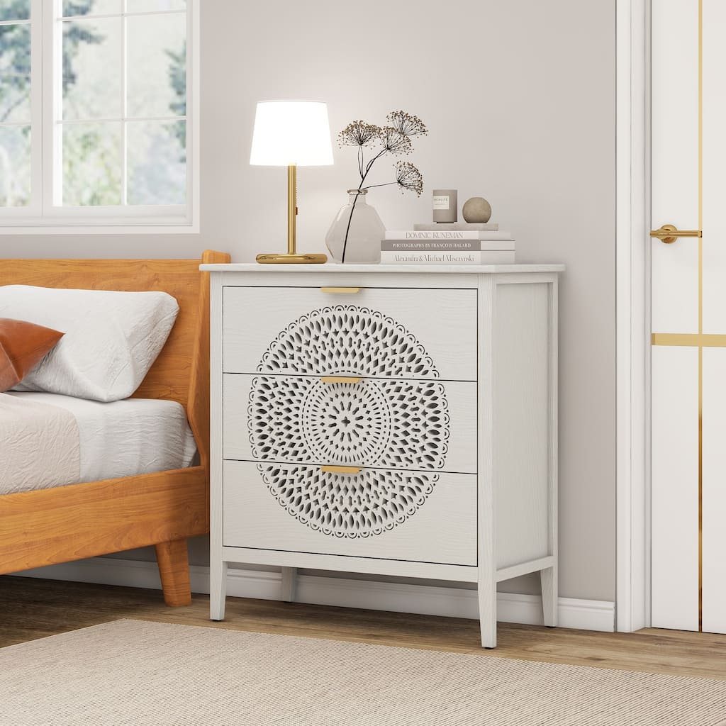 Exquisite 3-Drawer Hollow-Carved Sideboard with Metal Handles for Entryway or Living Room Storage