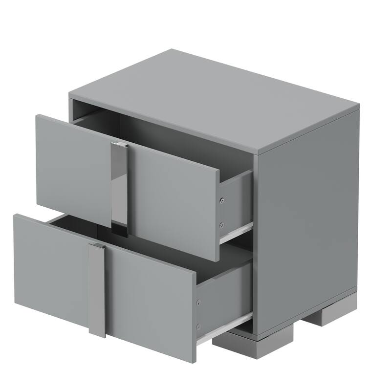 Modern End Table with Drawers, Elegant Nightstand with Metal Foot,Wood Bedside Table with Mirrored Metal Handles