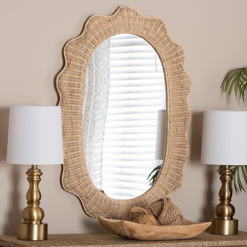Makoto Scalloped Natural Rattan Wall Mirror - Handwoven Wicker Oval Frame, Boho Coastal Accent Decor for Entryway or Bedroom