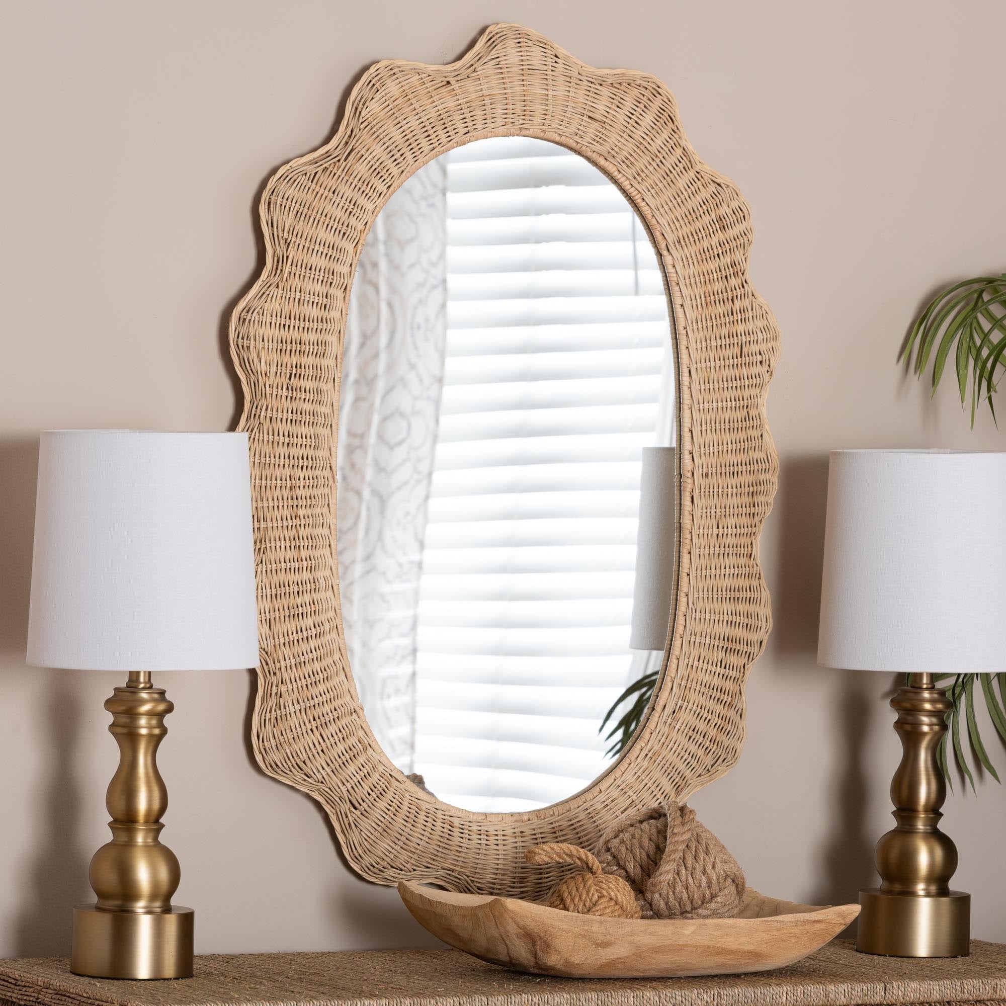 Makoto Scalloped Natural Rattan Wall Mirror - Handwoven Wicker Oval Frame, Boho Coastal Accent Decor for Entryway or Bedroom