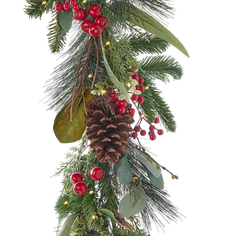 Magnolia Leaf, Eucalyptus, and Berry 9ft Garland, Pre-Lit with 50 LED Fairy Lights B/O