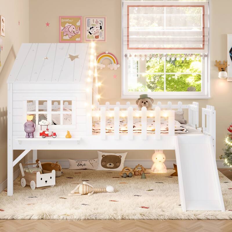 House Loft Bed with Slide and LED Lights, Kids Playhouse Bed with Star & Moon Cutout Roof and Window, Low Loft Bed